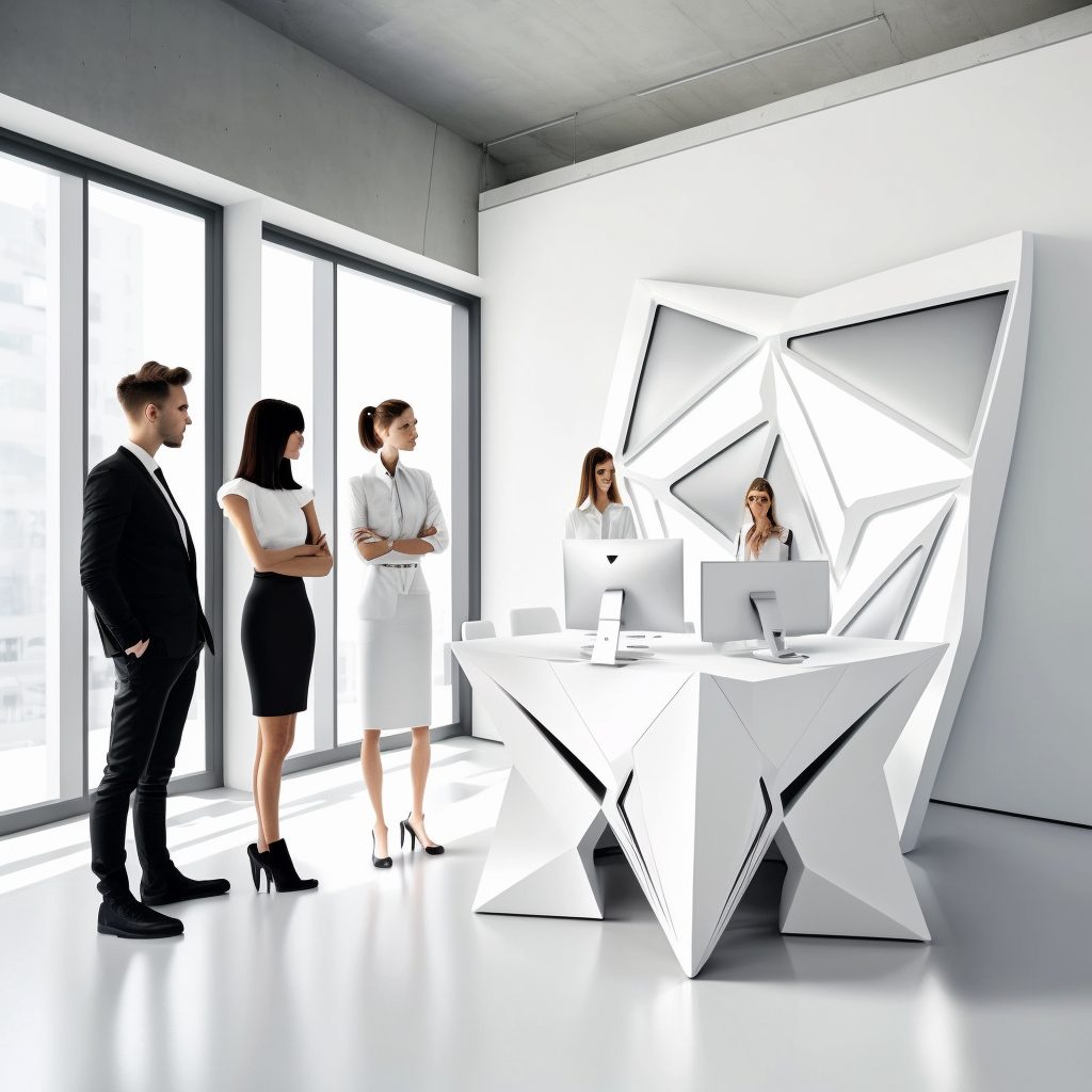Marketing team in sleek, modern white office