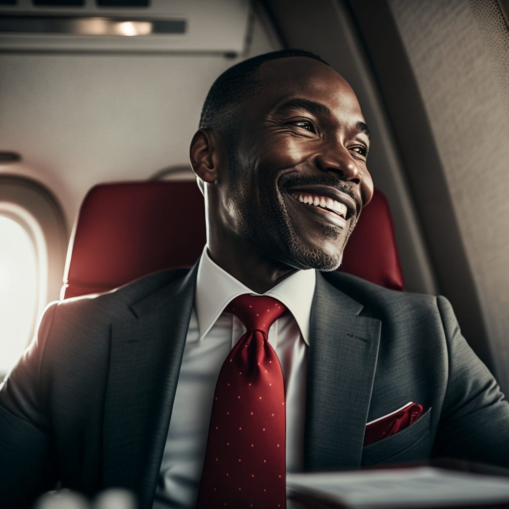 Smiling executive talking in private train car